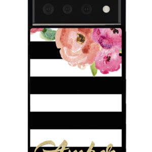 Golden Gold Personalized Flowers Black White Black Rubber Phone Case Compatible With Google Pixel 8 Pro, 8a, 8, 7a, 7, Pixel 7 Pro, 6a, Pixel 6 Pro, 6, 5, 4a 5G, 4a 4G, 4, 4 XL, 3a, 3a XL, 3