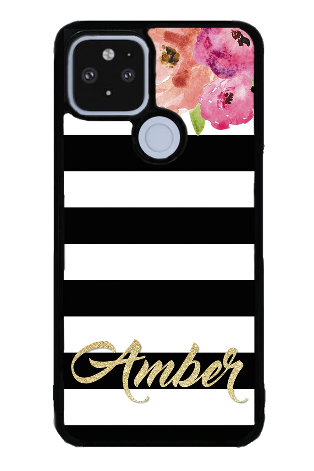 Golden Gold Personalized Flowers Black White Black Rubber Phone Case Compatible With Google Pixel 8 Pro, 8a, 8, 7a, 7, Pixel 7 Pro, 6a, Pixel 6 Pro, 6, 5, 4a 5G, 4a 4G, 4, 4 XL, 3a, 3a XL, 3