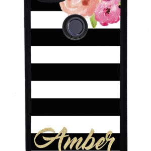 Golden Gold Personalized Flowers Black White Black Rubber Phone Case Compatible With Google Pixel 8 Pro, 8a, 8, 7a, 7, Pixel 7 Pro, 6a, Pixel 6 Pro, 6, 5, 4a 5G, 4a 4G, 4, 4 XL, 3a, 3a XL, 3