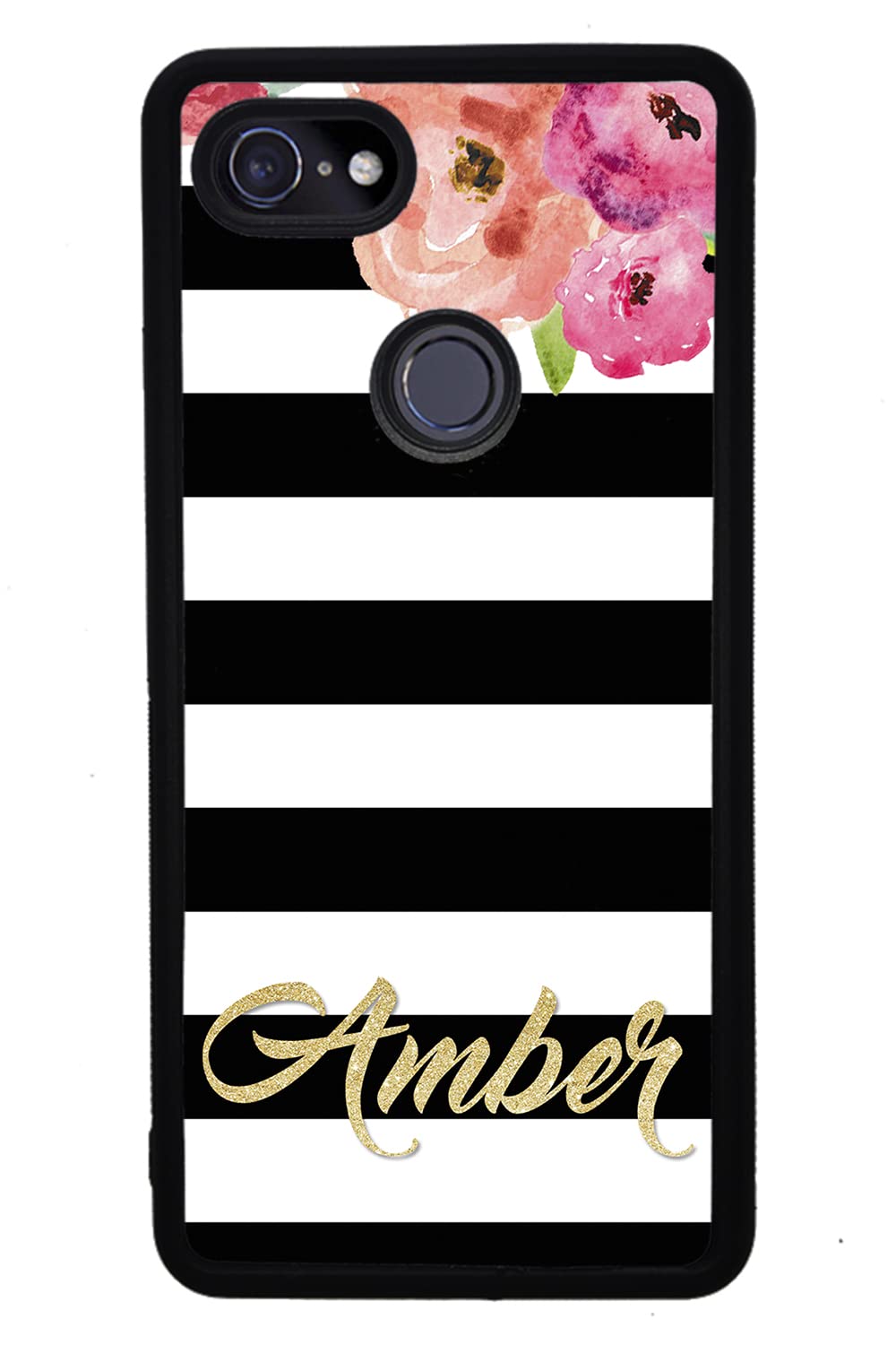 Golden Gold Personalized Flowers Black White Black Rubber Phone Case Compatible With Google Pixel 8 Pro, 8a, 8, 7a, 7, Pixel 7 Pro, 6a, Pixel 6 Pro, 6, 5, 4a 5G, 4a 4G, 4, 4 XL, 3a, 3a XL, 3