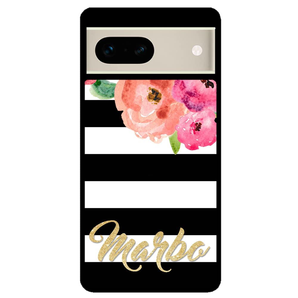 Golden Gold Personalized Flowers Black White Black Rubber Phone Case Compatible With Google Pixel 8 Pro, 8a, 8, 7a, 7, Pixel 7 Pro, 6a, Pixel 6 Pro, 6, 5, 4a 5G, 4a 4G, 4, 4 XL, 3a, 3a XL, 3