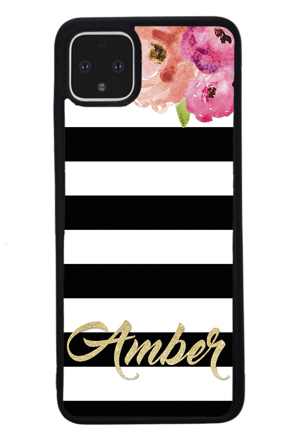 Golden Gold Personalized Flowers Black White Black Rubber Phone Case Compatible With Google Pixel 8 Pro, 8a, 8, 7a, 7, Pixel 7 Pro, 6a, Pixel 6 Pro, 6, 5, 4a 5G, 4a 4G, 4, 4 XL, 3a, 3a XL, 3