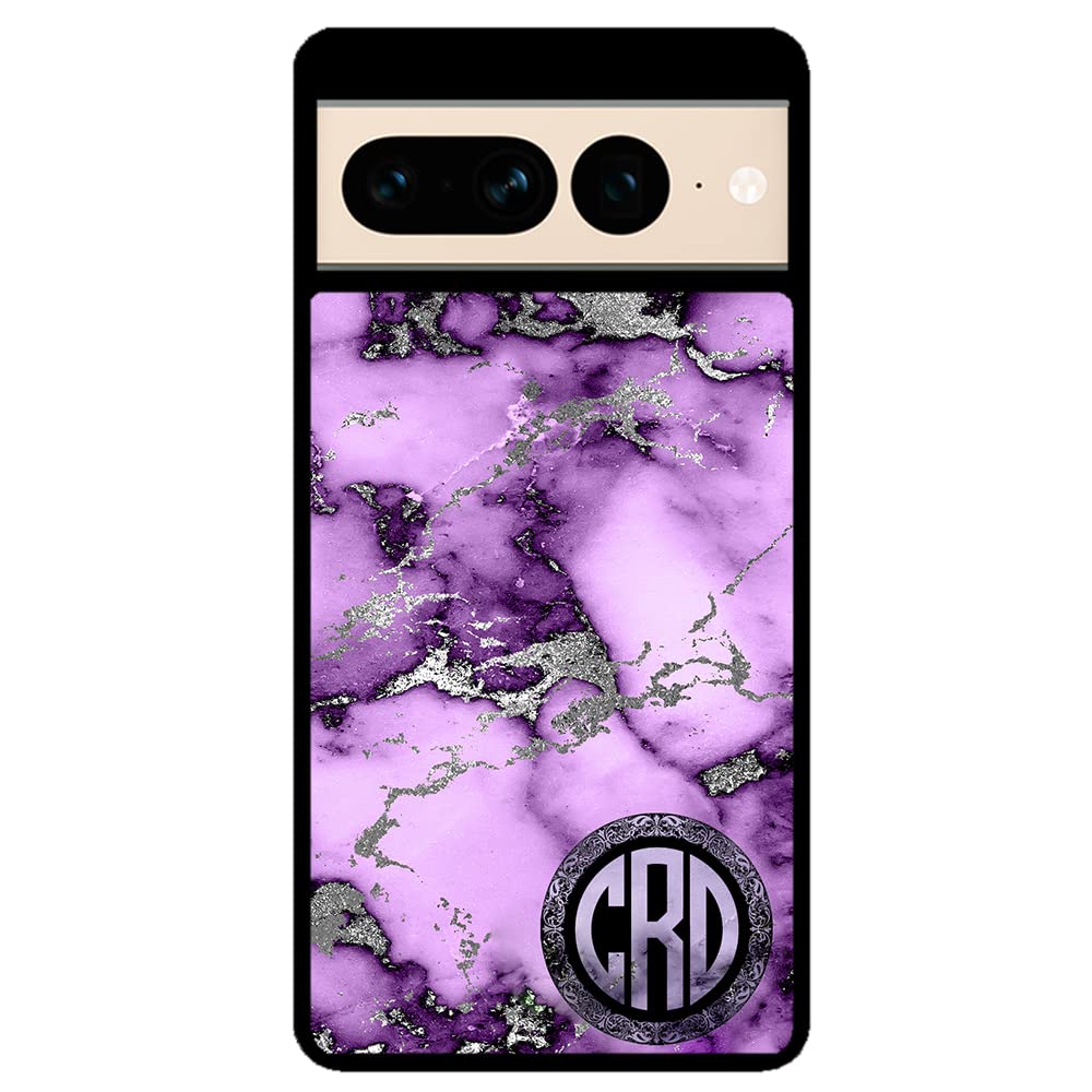 Purple and Silver Marble Monogram Black Rubber Phone Case Compatible With Google Pixel 8 Pro, 8a, 8, 7a, 7, Pixel 7 Pro, 6a, Pixel 6 Pro, 6, 5, 4a 5G, 4a 4G, 4, 4 XL, 3a, 3a XL, 3, 3 XL, 2 XL, 2