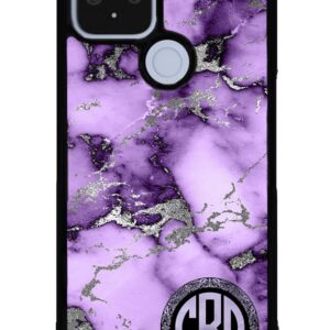 Purple and Silver Marble Monogram Black Rubber Phone Case Compatible With Google Pixel 8 Pro, 8a, 8, 7a, 7, Pixel 7 Pro, 6a, Pixel 6 Pro, 6, 5, 4a 5G, 4a 4G, 4, 4 XL, 3a, 3a XL, 3, 3 XL, 2 XL, 2