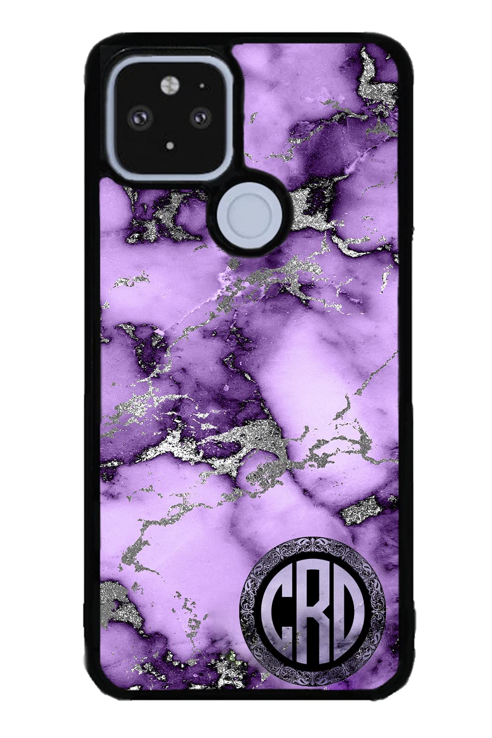 Purple and Silver Marble Monogram Black Rubber Phone Case Compatible With Google Pixel 8 Pro, 8a, 8, 7a, 7, Pixel 7 Pro, 6a, Pixel 6 Pro, 6, 5, 4a 5G, 4a 4G, 4, 4 XL, 3a, 3a XL, 3, 3 XL, 2 XL, 2