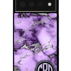 Purple and Silver Marble Monogram Black Rubber Phone Case Compatible With Google Pixel 8 Pro, 8a, 8, 7a, 7, Pixel 7 Pro, 6a, Pixel 6 Pro, 6, 5, 4a 5G, 4a 4G, 4, 4 XL, 3a, 3a XL, 3, 3 XL, 2 XL, 2