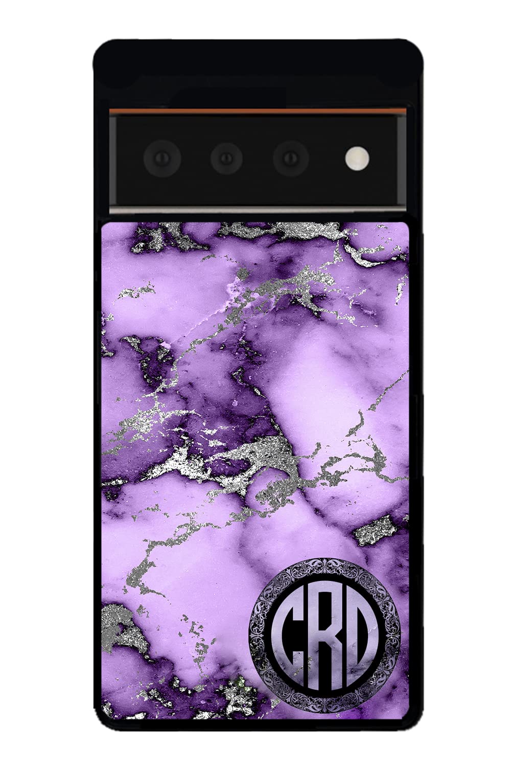 Purple and Silver Marble Monogram Black Rubber Phone Case Compatible With Google Pixel 8 Pro, 8a, 8, 7a, 7, Pixel 7 Pro, 6a, Pixel 6 Pro, 6, 5, 4a 5G, 4a 4G, 4, 4 XL, 3a, 3a XL, 3, 3 XL, 2 XL, 2