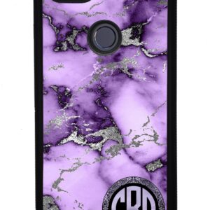 Purple and Silver Marble Monogram Black Rubber Phone Case Compatible With Google Pixel 8 Pro, 8a, 8, 7a, 7, Pixel 7 Pro, 6a, Pixel 6 Pro, 6, 5, 4a 5G, 4a 4G, 4, 4 XL, 3a, 3a XL, 3, 3 XL, 2 XL, 2