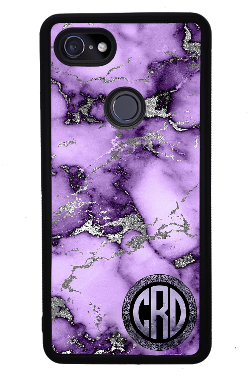 Purple and Silver Marble Monogram Black Rubber Phone Case Compatible With Google Pixel 8 Pro, 8a, 8, 7a, 7, Pixel 7 Pro, 6a, Pixel 6 Pro, 6, 5, 4a 5G, 4a 4G, 4, 4 XL, 3a, 3a XL, 3, 3 XL, 2 XL, 2