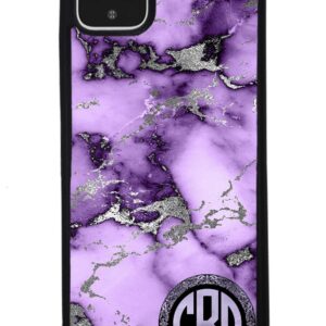 Purple and Silver Marble Monogram Black Rubber Phone Case Compatible With Google Pixel 8 Pro, 8a, 8, 7a, 7, Pixel 7 Pro, 6a, Pixel 6 Pro, 6, 5, 4a 5G, 4a 4G, 4, 4 XL, 3a, 3a XL, 3, 3 XL, 2 XL, 2