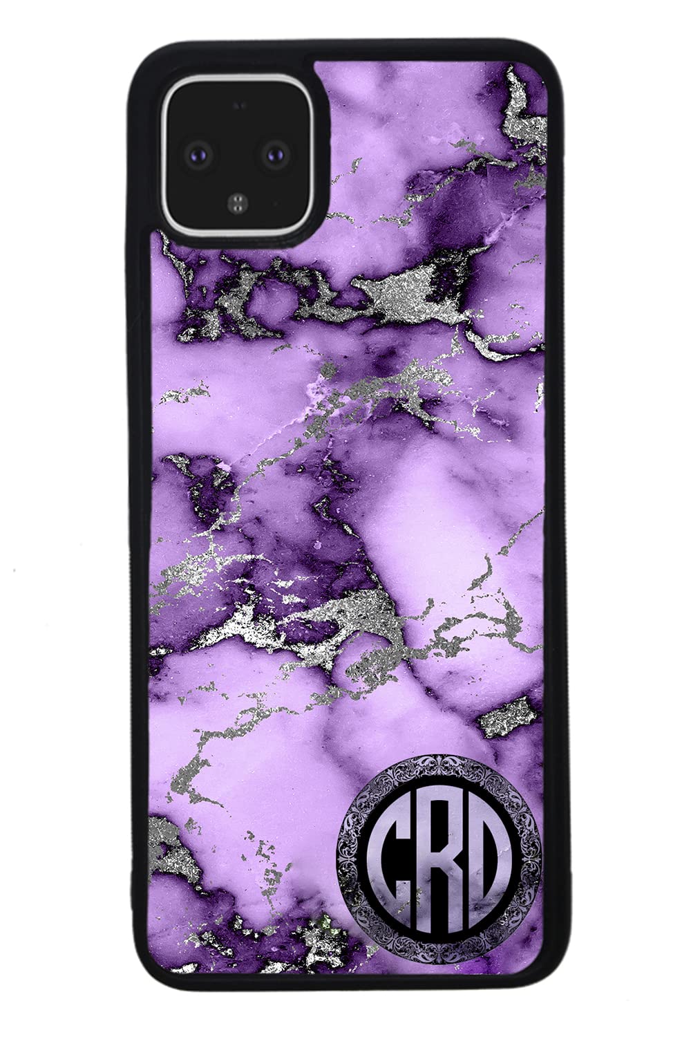 Purple and Silver Marble Monogram Black Rubber Phone Case Compatible With Google Pixel 8 Pro, 8a, 8, 7a, 7, Pixel 7 Pro, 6a, Pixel 6 Pro, 6, 5, 4a 5G, 4a 4G, 4, 4 XL, 3a, 3a XL, 3, 3 XL, 2 XL, 2