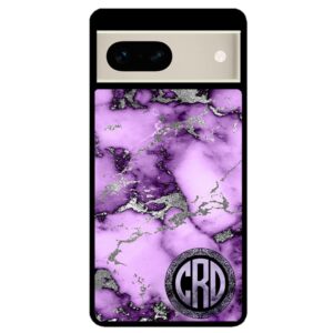 Purple and Silver Marble Monogram Black Rubber Phone Case Compatible With Google Pixel 8 Pro, 8a, 8, 7a, 7, Pixel 7 Pro, 6a, Pixel 6 Pro, 6, 5, 4a 5G, 4a 4G, 4, 4 XL, 3a, 3a XL, 3, 3 XL, 2 XL, 2