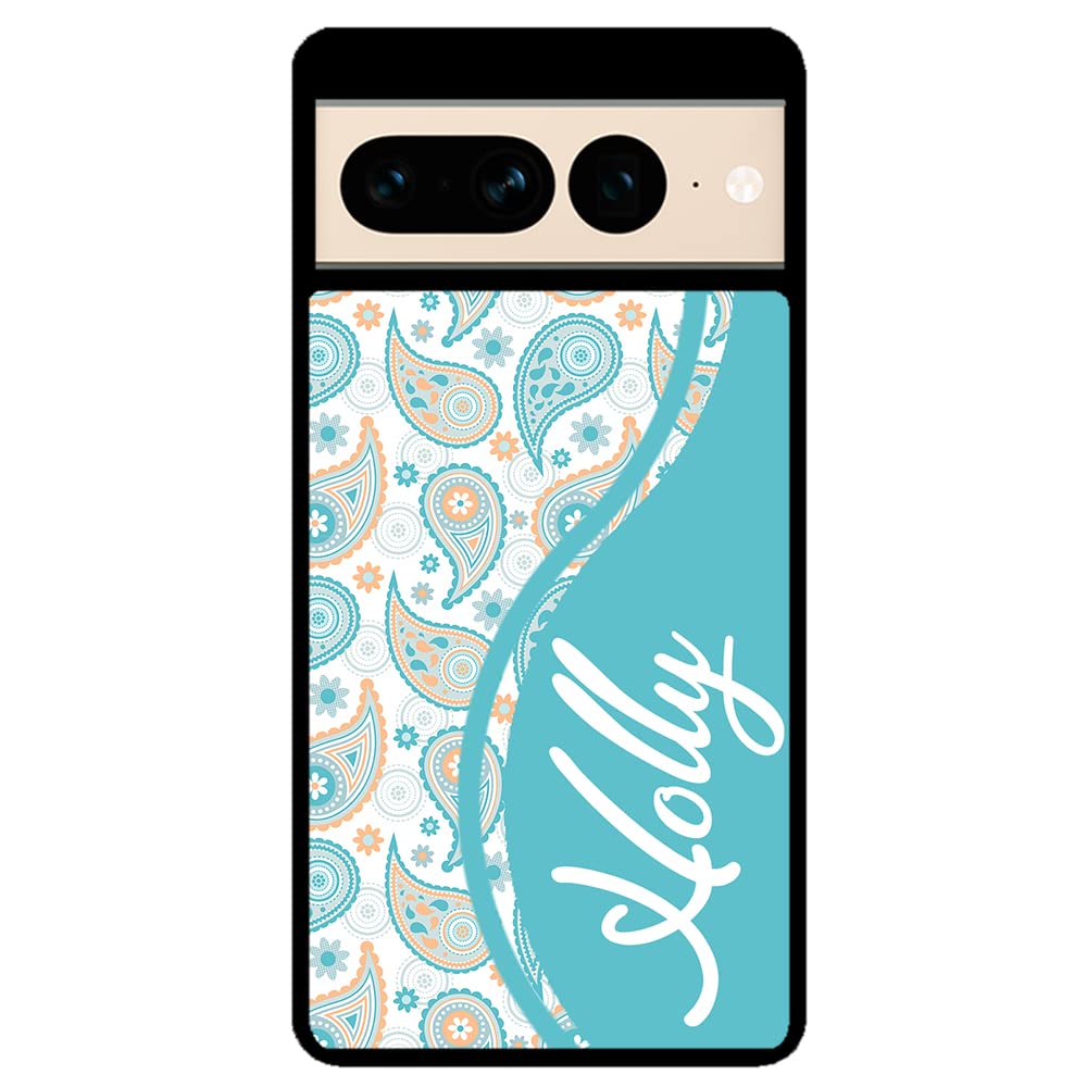 Teal Blue Orange Paisley Personalized Black Rubber Phone Case Compatible With Google Pixel 8 Pro, 8a, 8, 7a, 7, Pixel 7 Pro, 6a, Pixel 6 Pro, 6, 5, 4a 5G, 4a 4G, 4, 4 XL, 3a, 3a XL, 3, 3 XL, 2 XL