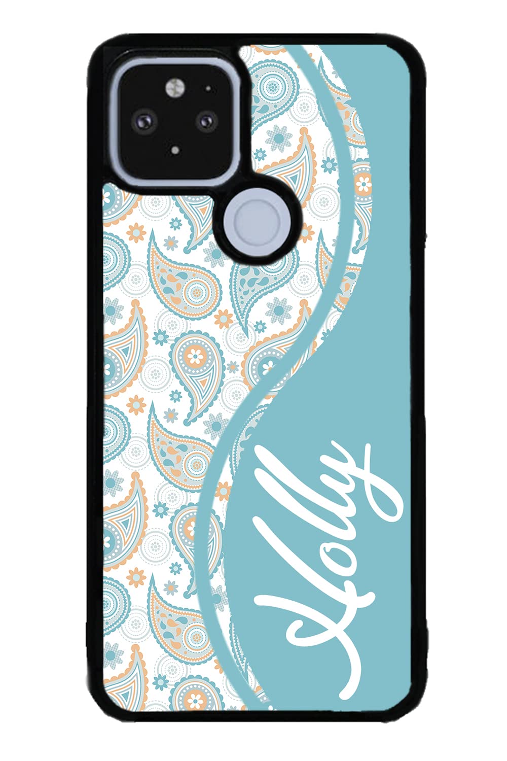 Teal Blue Orange Paisley Personalized Black Rubber Phone Case Compatible With Google Pixel 8 Pro, 8a, 8, 7a, 7, Pixel 7 Pro, 6a, Pixel 6 Pro, 6, 5, 4a 5G, 4a 4G, 4, 4 XL, 3a, 3a XL, 3, 3 XL, 2 XL