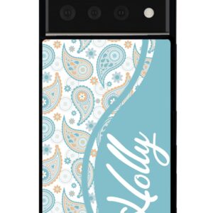 Teal Blue Orange Paisley Personalized Black Rubber Phone Case Compatible With Google Pixel 8 Pro, 8a, 8, 7a, 7, Pixel 7 Pro, 6a, Pixel 6 Pro, 6, 5, 4a 5G, 4a 4G, 4, 4 XL, 3a, 3a XL, 3, 3 XL, 2 XL