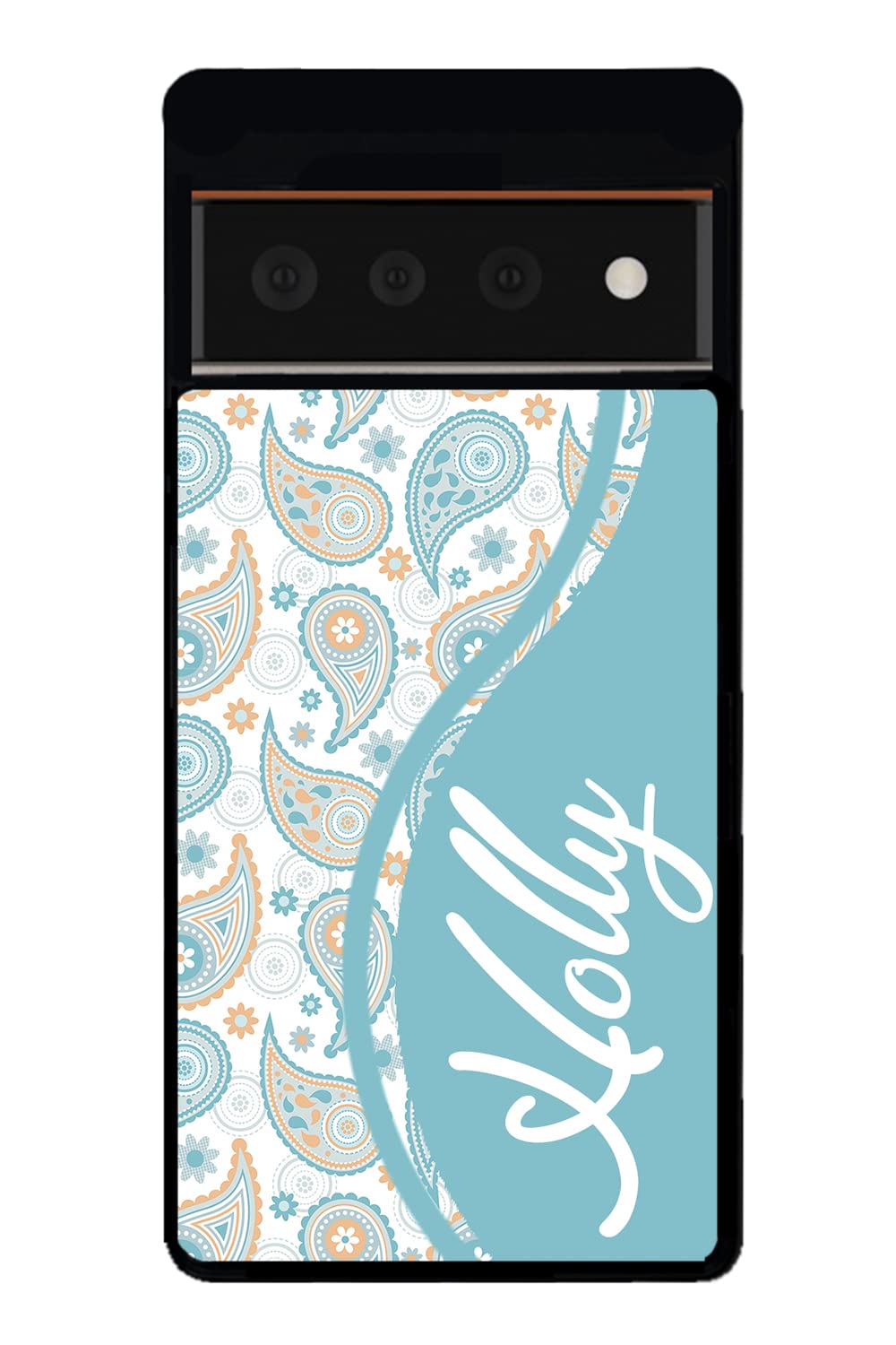 Teal Blue Orange Paisley Personalized Black Rubber Phone Case Compatible With Google Pixel 8 Pro, 8a, 8, 7a, 7, Pixel 7 Pro, 6a, Pixel 6 Pro, 6, 5, 4a 5G, 4a 4G, 4, 4 XL, 3a, 3a XL, 3, 3 XL, 2 XL