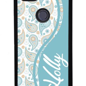 Teal Blue Orange Paisley Personalized Black Rubber Phone Case Compatible With Google Pixel 8 Pro, 8a, 8, 7a, 7, Pixel 7 Pro, 6a, Pixel 6 Pro, 6, 5, 4a 5G, 4a 4G, 4, 4 XL, 3a, 3a XL, 3, 3 XL, 2 XL