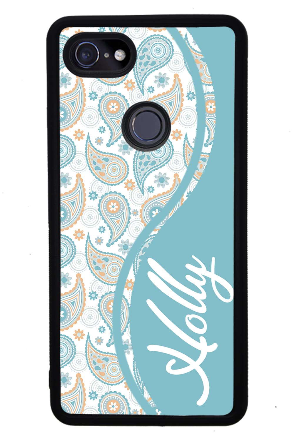 Teal Blue Orange Paisley Personalized Black Rubber Phone Case Compatible With Google Pixel 8 Pro, 8a, 8, 7a, 7, Pixel 7 Pro, 6a, Pixel 6 Pro, 6, 5, 4a 5G, 4a 4G, 4, 4 XL, 3a, 3a XL, 3, 3 XL, 2 XL