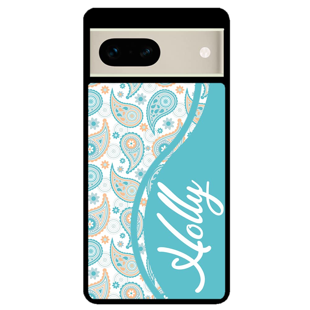 Teal Blue Orange Paisley Personalized Black Rubber Phone Case Compatible With Google Pixel 8 Pro, 8a, 8, 7a, 7, Pixel 7 Pro, 6a, Pixel 6 Pro, 6, 5, 4a 5G, 4a 4G, 4, 4 XL, 3a, 3a XL, 3, 3 XL, 2 XL