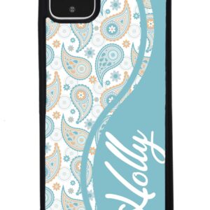 Teal Blue Orange Paisley Personalized Black Rubber Phone Case Compatible With Google Pixel 8 Pro, 8a, 8, 7a, 7, Pixel 7 Pro, 6a, Pixel 6 Pro, 6, 5, 4a 5G, 4a 4G, 4, 4 XL, 3a, 3a XL, 3, 3 XL, 2 XL