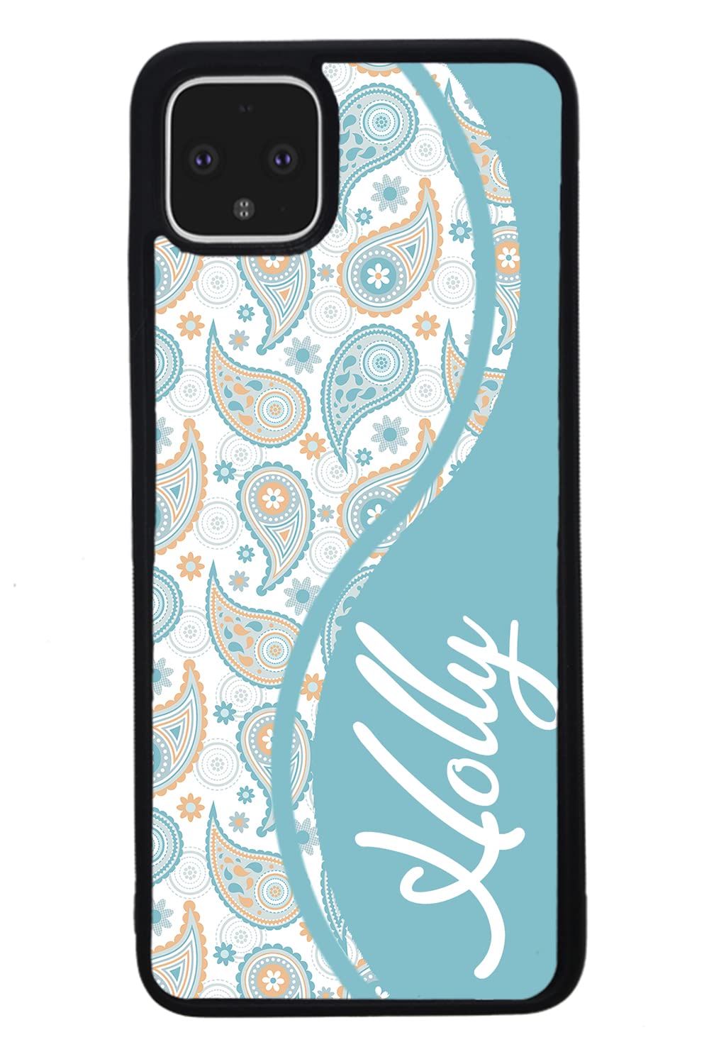 Teal Blue Orange Paisley Personalized Black Rubber Phone Case Compatible With Google Pixel 8 Pro, 8a, 8, 7a, 7, Pixel 7 Pro, 6a, Pixel 6 Pro, 6, 5, 4a 5G, 4a 4G, 4, 4 XL, 3a, 3a XL, 3, 3 XL, 2 XL