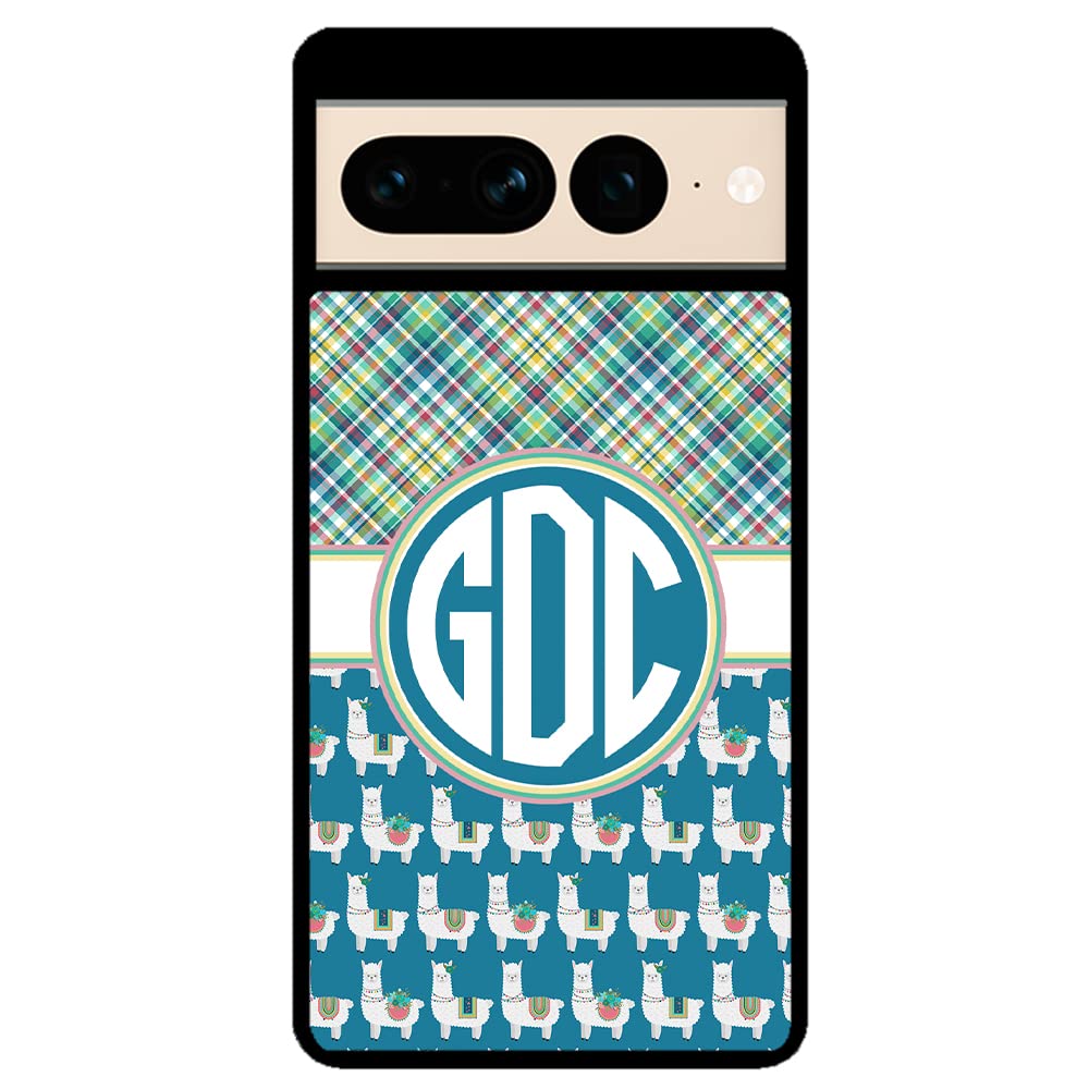 Green Blue and White Plaid Llama Monogram Black Rubber Phone Case Compatible With Google Pixel 8 Pro, 8a, 8, 7a, 7, Pixel 7 Pro, 6a, Pixel 6 Pro, 6, 5, 4a 5G, 4a 4G, 4, 4 XL, 3a, 3a XL, 3