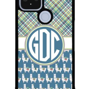 Green Blue and White Plaid Llama Monogram Black Rubber Phone Case Compatible With Google Pixel 8 Pro, 8a, 8, 7a, 7, Pixel 7 Pro, 6a, Pixel 6 Pro, 6, 5, 4a 5G, 4a 4G, 4, 4 XL, 3a, 3a XL, 3