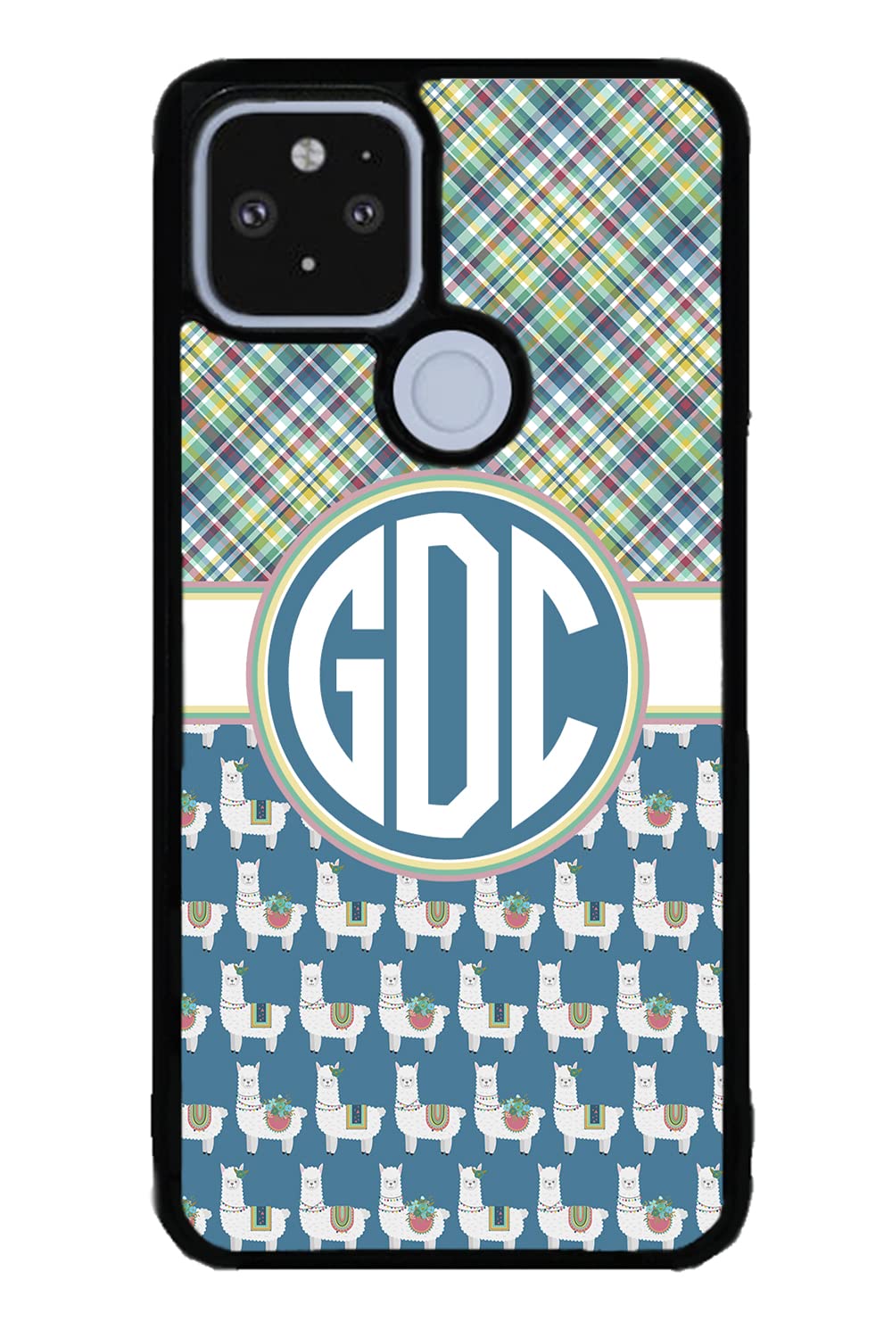 Green Blue and White Plaid Llama Monogram Black Rubber Phone Case Compatible With Google Pixel 8 Pro, 8a, 8, 7a, 7, Pixel 7 Pro, 6a, Pixel 6 Pro, 6, 5, 4a 5G, 4a 4G, 4, 4 XL, 3a, 3a XL, 3