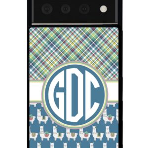 Green Blue and White Plaid Llama Monogram Black Rubber Phone Case Compatible With Google Pixel 8 Pro, 8a, 8, 7a, 7, Pixel 7 Pro, 6a, Pixel 6 Pro, 6, 5, 4a 5G, 4a 4G, 4, 4 XL, 3a, 3a XL, 3