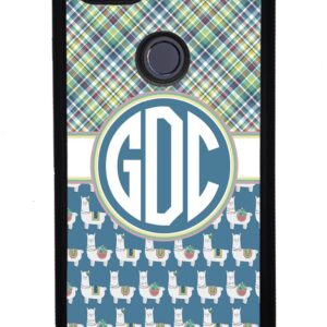 Green Blue and White Plaid Llama Monogram Black Rubber Phone Case Compatible With Google Pixel 8 Pro, 8a, 8, 7a, 7, Pixel 7 Pro, 6a, Pixel 6 Pro, 6, 5, 4a 5G, 4a 4G, 4, 4 XL, 3a, 3a XL, 3