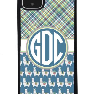 Green Blue and White Plaid Llama Monogram Black Rubber Phone Case Compatible With Google Pixel 8 Pro, 8a, 8, 7a, 7, Pixel 7 Pro, 6a, Pixel 6 Pro, 6, 5, 4a 5G, 4a 4G, 4, 4 XL, 3a, 3a XL, 3