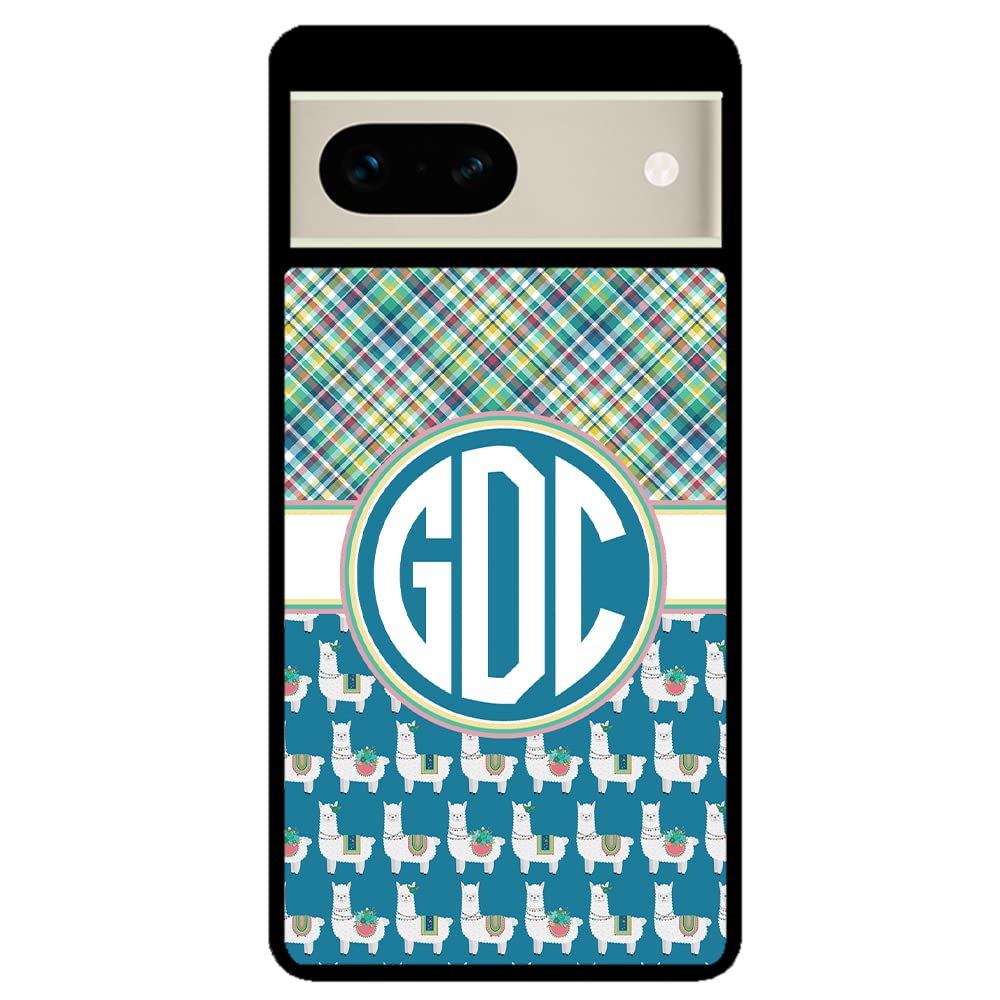 Green Blue and White Plaid Llama Monogram Black Rubber Phone Case Compatible With Google Pixel 8 Pro, 8a, 8, 7a, 7, Pixel 7 Pro, 6a, Pixel 6 Pro, 6, 5, 4a 5G, 4a 4G, 4, 4 XL, 3a, 3a XL, 3