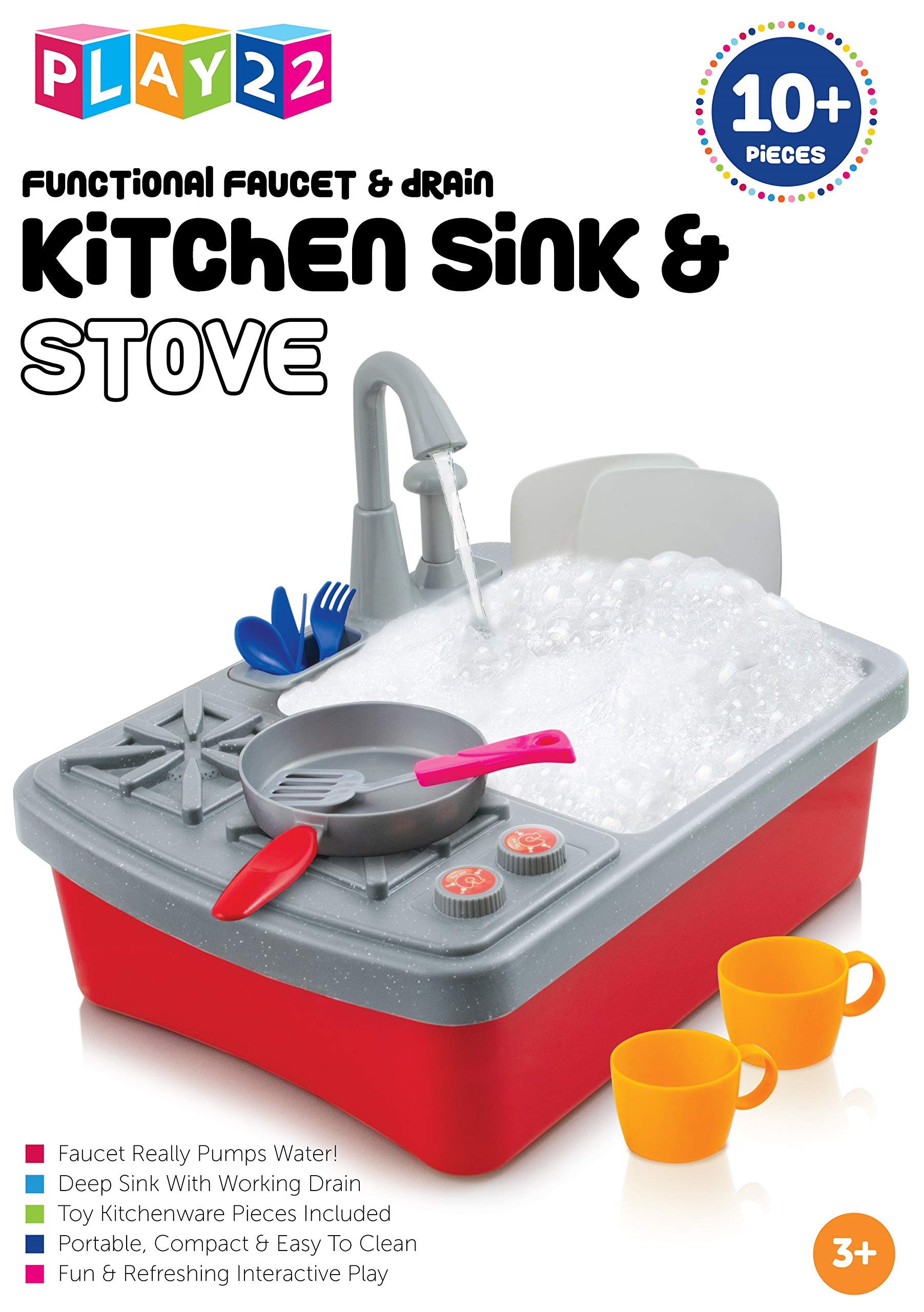 Play22 17 Pc Kids Play Sink with Running Water - Kitchen Sink Toy - Toddler Sink Toy with Real Faucet & Drain, Dishes, Utensils - Play Cooking Stove W/Pan - Kitchen Toys for Toddlers & Kids