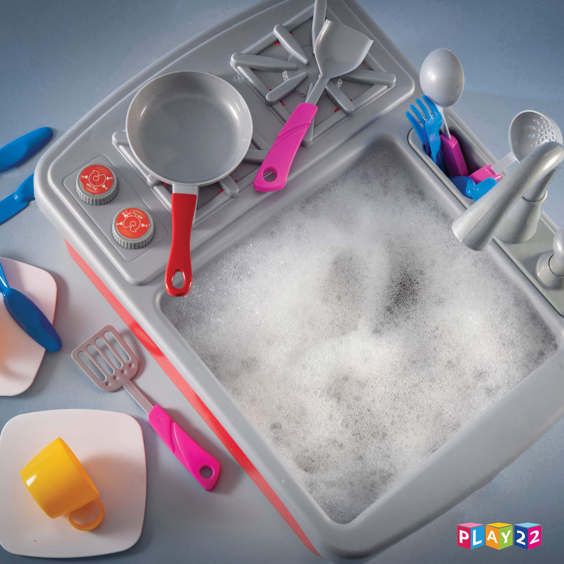 Play22 17 Pc Kids Play Sink with Running Water - Kitchen Sink Toy - Toddler Sink Toy with Real Faucet & Drain, Dishes, Utensils - Play Cooking Stove W/Pan - Kitchen Toys for Toddlers & Kids