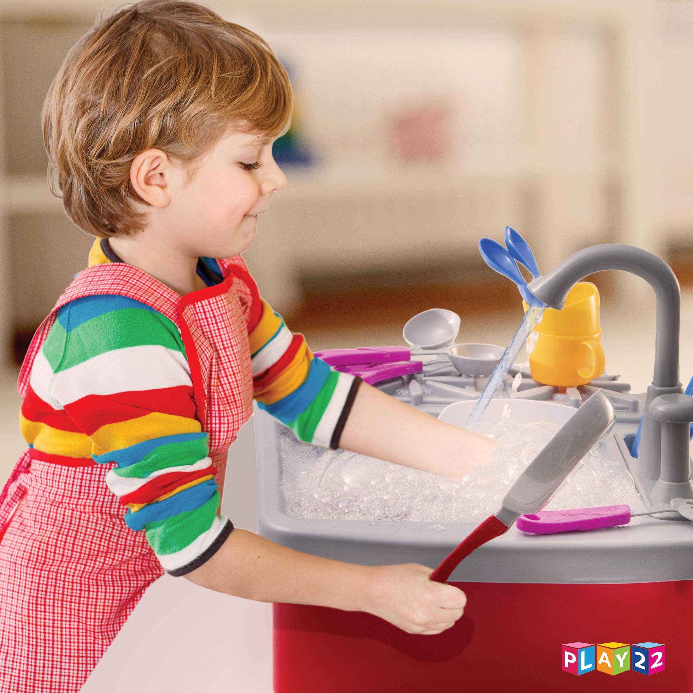 Play22 17 Pc Kids Play Sink with Running Water - Kitchen Sink Toy - Toddler Sink Toy with Real Faucet & Drain, Dishes, Utensils - Play Cooking Stove W/Pan - Kitchen Toys for Toddlers & Kids