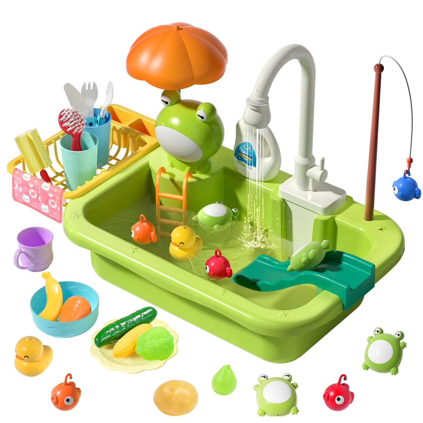 CUTE STONE Play Sink with Running Water, Kitchen Sink Toys with Upgraded Electric Faucet, Play Kitchen Toy Accessories, Pool Floating Fishing Toys for Water Play, Kids Role Play Dishwasher Toy