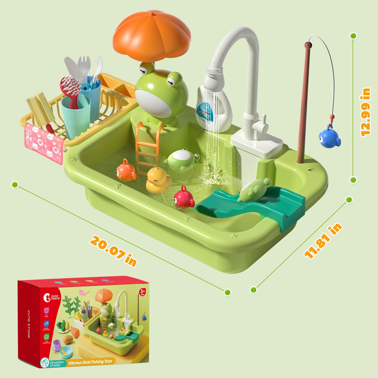 CUTE STONE Play Sink with Running Water, Kitchen Sink Toys with Upgraded Electric Faucet, Play Kitchen Toy Accessories, Pool Floating Fishing Toys for Water Play, Kids Role Play Dishwasher Toy