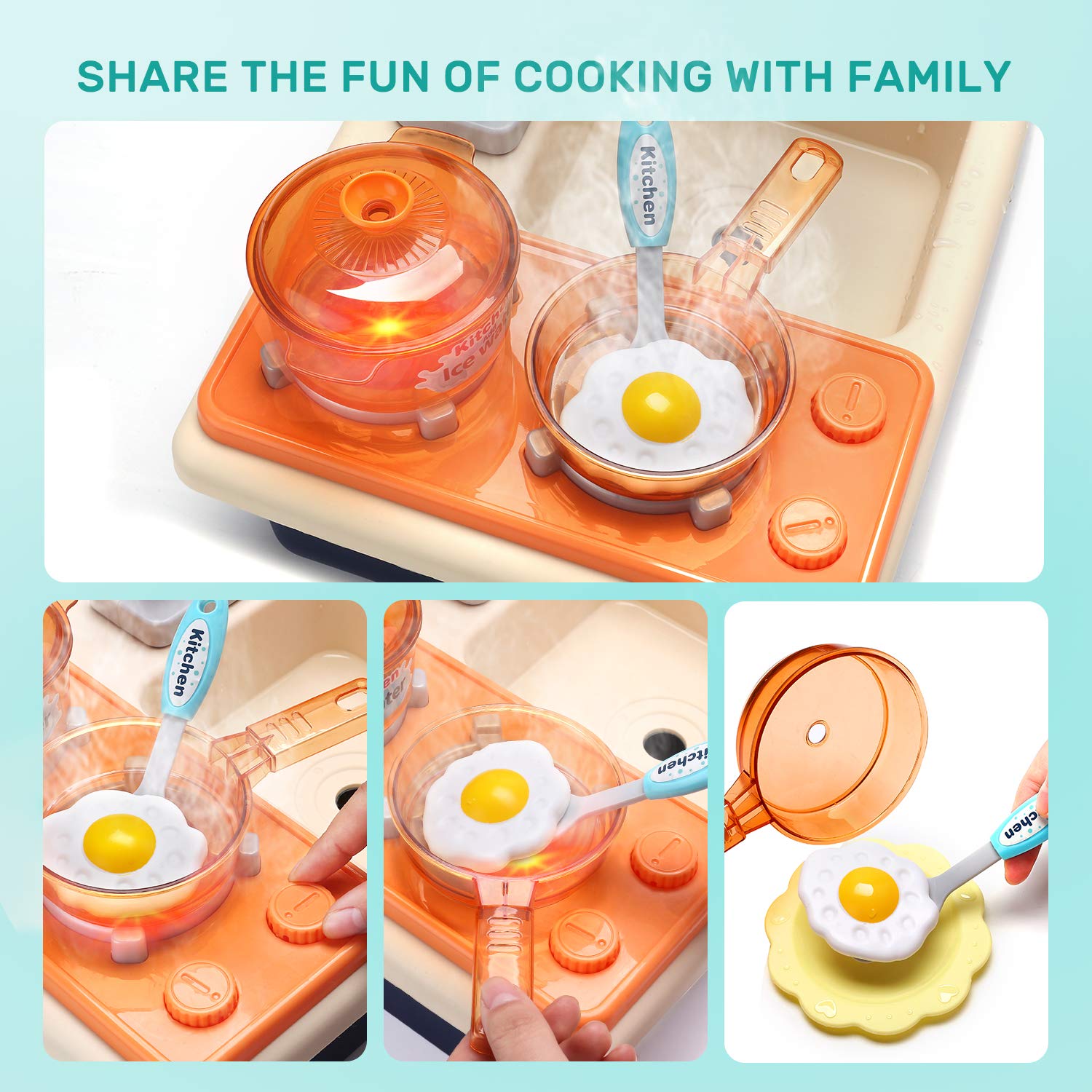 CUTE STONE Pretend Play Kitchen Sink Toys with Play Cooking Stove, Pot and Pan with Spray Realistic Light and Sound, Dish Rack & Play Cutting Food, Utensils Tableware Accessories for Kids Toddlers