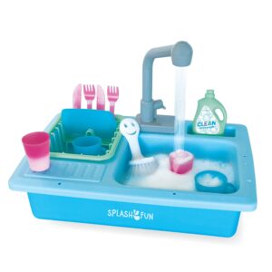 the bubble factory splashfun wash-up kitchen sink play set, color changing play cups & accessories, running water pretend play, 15 pieces, age 3+, kitchen toy set with working faucet, easy storage