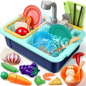 geyiie play sink with running water - kitchen sink toys for kids and toddlers with upgraded faucet, cutting food, play dishes, pretend role play kitchen set, ideal sensory gift for girls boys