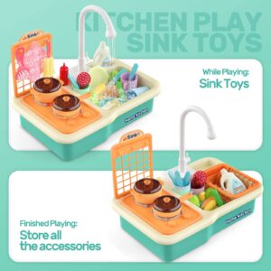 CUTE STONE Kitchen Sink Toys with Running Water, Play Sink with Upgraded Electric Faucet, Play Cooking Stove, Pot and Pan W/ Spray Realistic Light & Sound, Kids Kitchen Role Play Dishwasher Toys