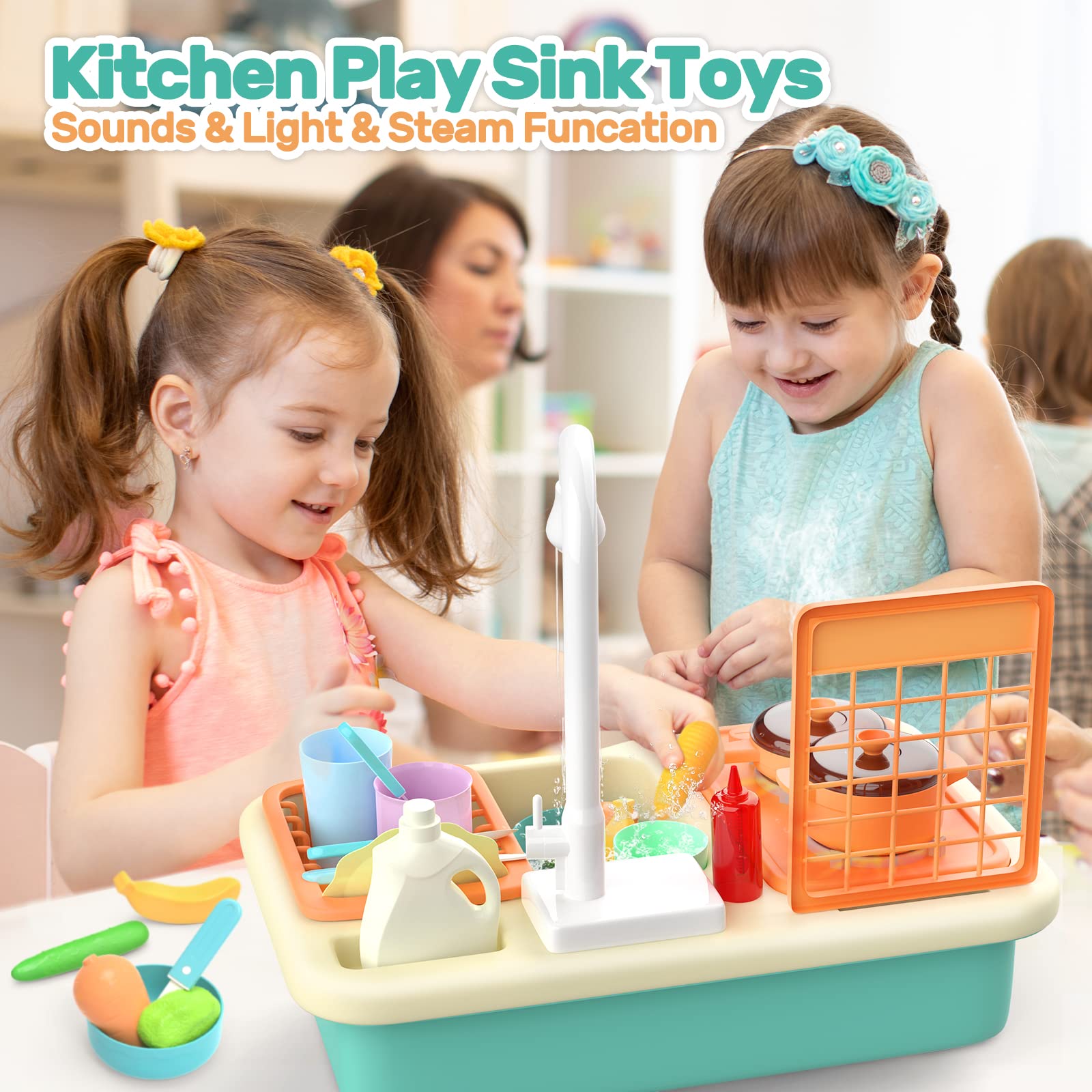 CUTE STONE Kitchen Sink Toys with Running Water, Play Sink with Upgraded Electric Faucet, Play Cooking Stove, Pot and Pan W/ Spray Realistic Light & Sound, Kids Kitchen Role Play Dishwasher Toys