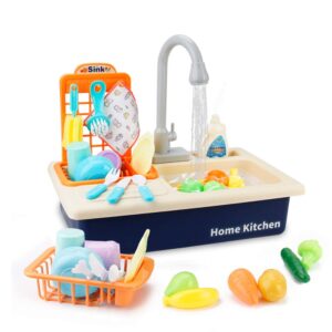 BOBXIN Play Sink with Running Water, Kids Play Kitchen Toy Sink Electric Dishwasher, Pretend Role Play Kitchen Toys Set with Upgraded Working Faucet and Dishes Playset for Girls, Toddler and Boys