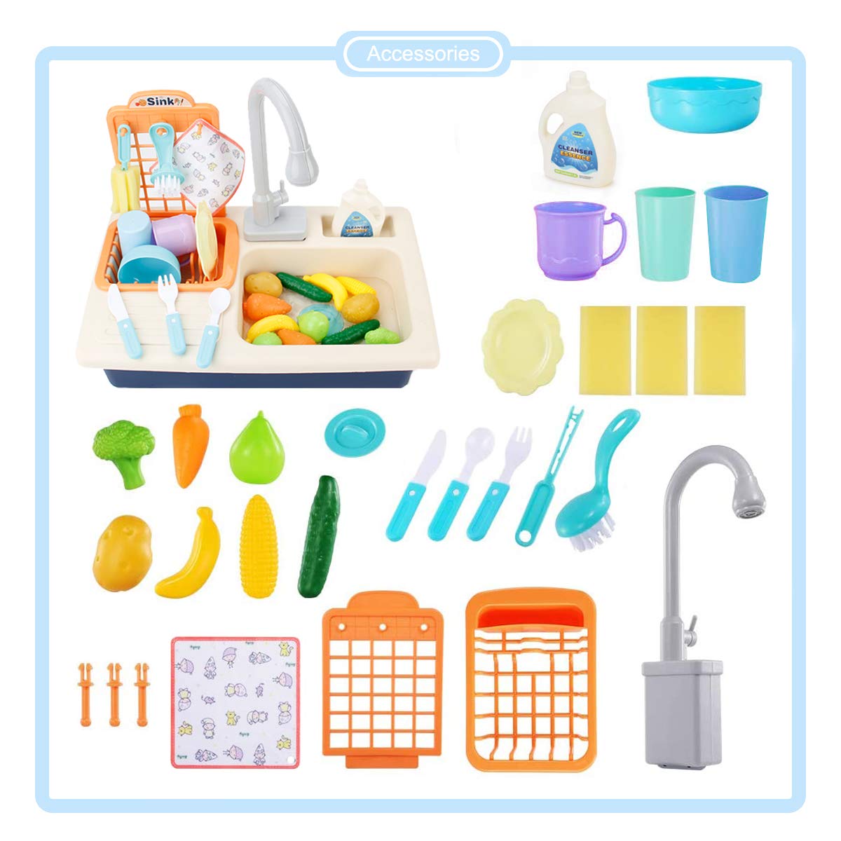 BOBXIN Play Sink with Running Water, Kids Play Kitchen Toy Sink Electric Dishwasher, Pretend Role Play Kitchen Toys Set with Upgraded Working Faucet and Dishes Playset for Girls, Toddler and Boys