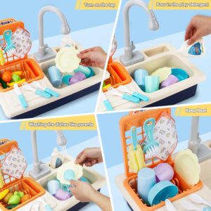 BOBXIN Play Sink with Running Water, Kids Play Kitchen Toy Sink Electric Dishwasher, Pretend Role Play Kitchen Toys Set with Upgraded Working Faucet and Dishes Playset for Girls, Toddler and Boys