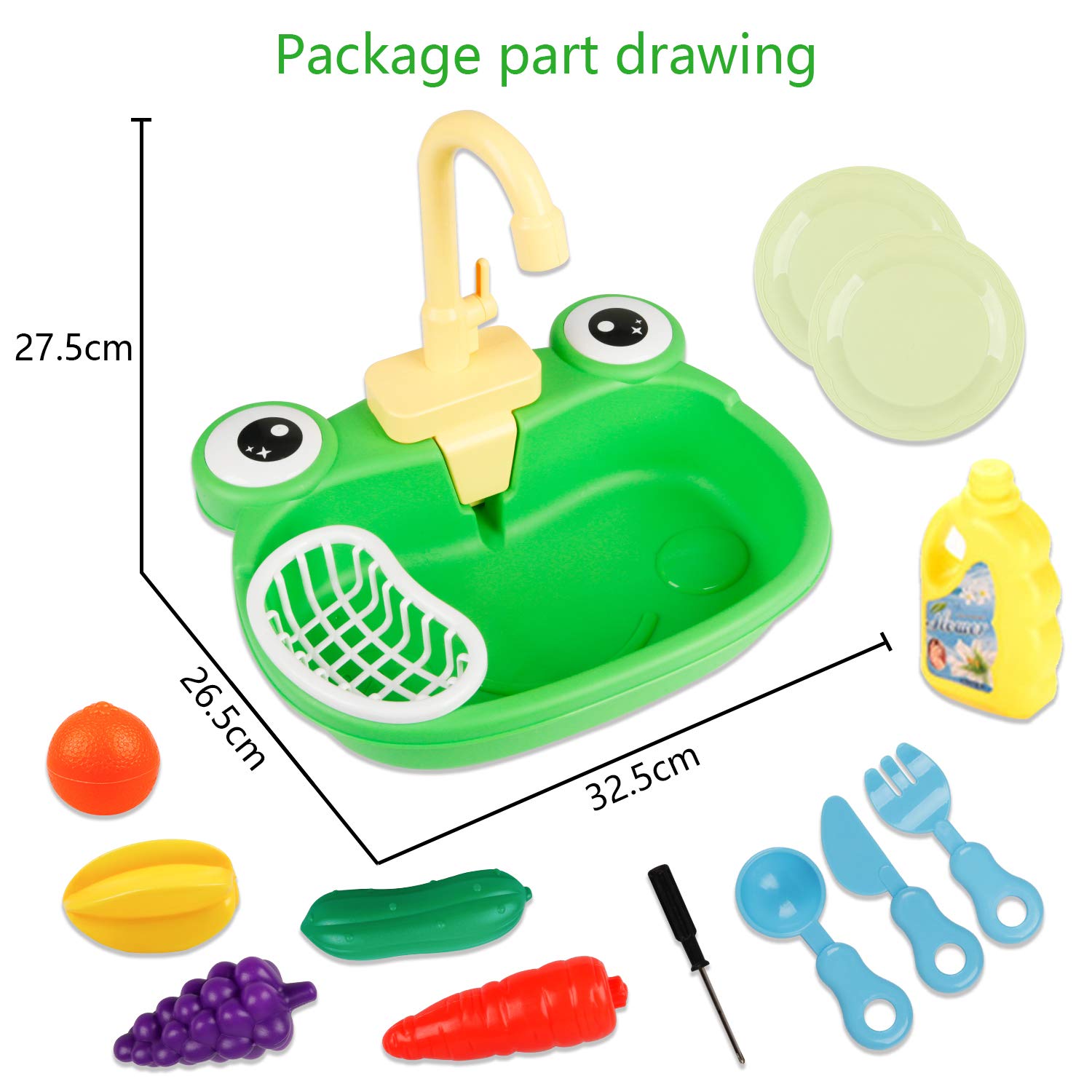 Ruibytree Play Kitchen Sink Toy, Water Toys for Kids with Electronic Dishwasher, Pretend Play Utensils Accessories and Play Cutting Food for Boys and Girls (Cute Frog)