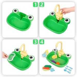 Ruibytree Play Kitchen Sink Toy, Water Toys for Kids with Electronic Dishwasher, Pretend Play Utensils Accessories and Play Cutting Food for Boys and Girls (Cute Frog)