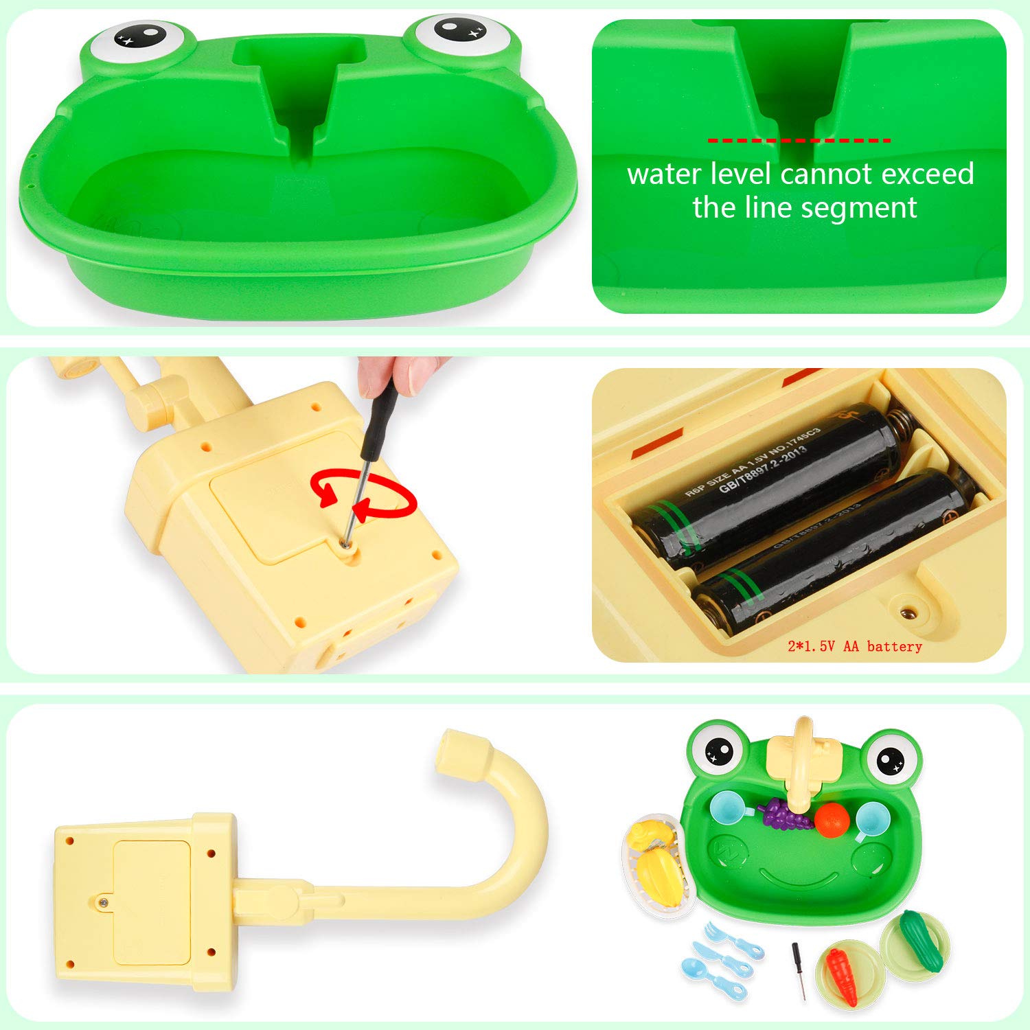 Ruibytree Play Kitchen Sink Toy, Water Toys for Kids with Electronic Dishwasher, Pretend Play Utensils Accessories and Play Cutting Food for Boys and Girls (Cute Frog)