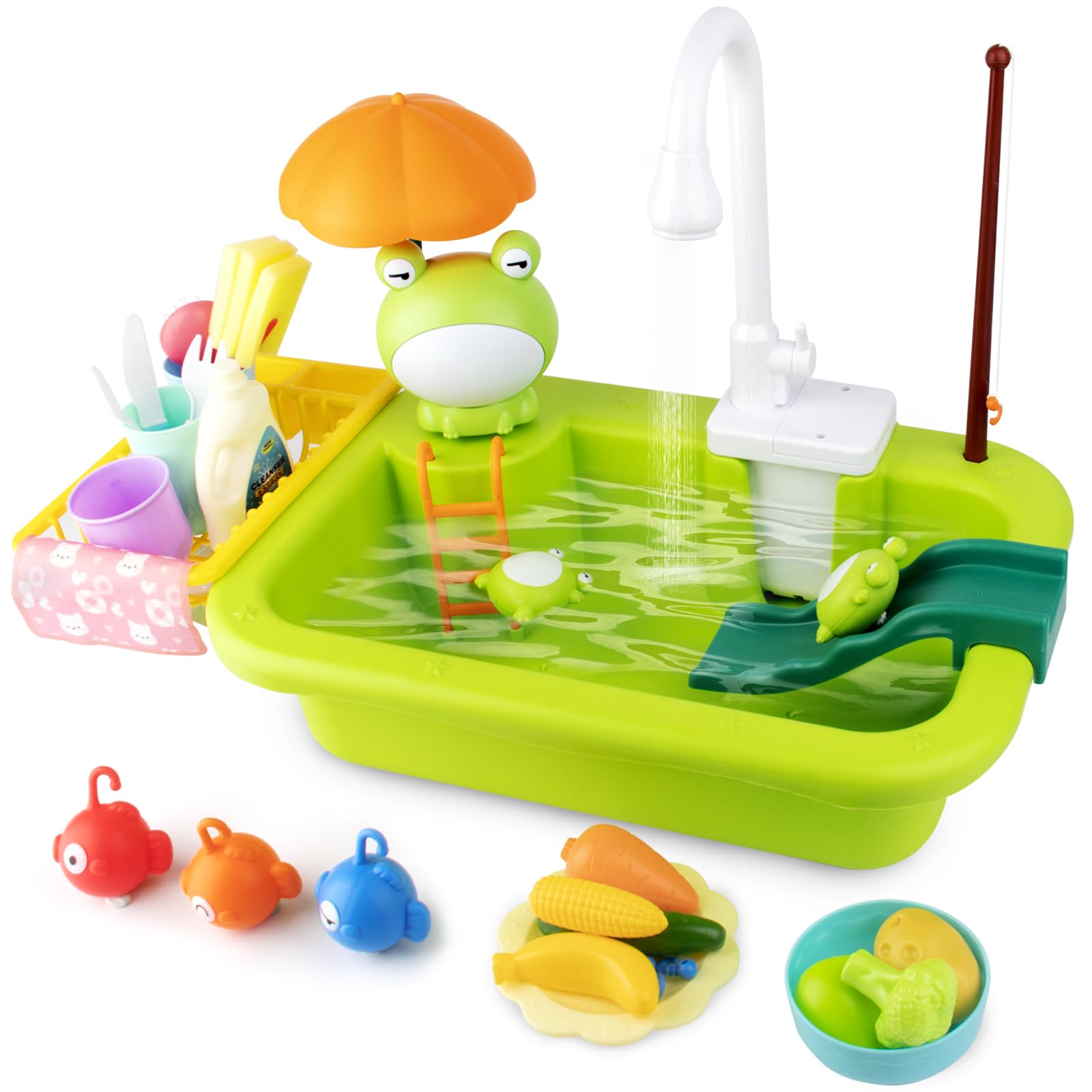 Farafox Play Sink with Running Water, Kitchen Sink Toys with Automatic Water Cycle System,Kids Kitchen Role Play Dishwasher Toys/Play Kitchen Toy Accessories for Boys Girls