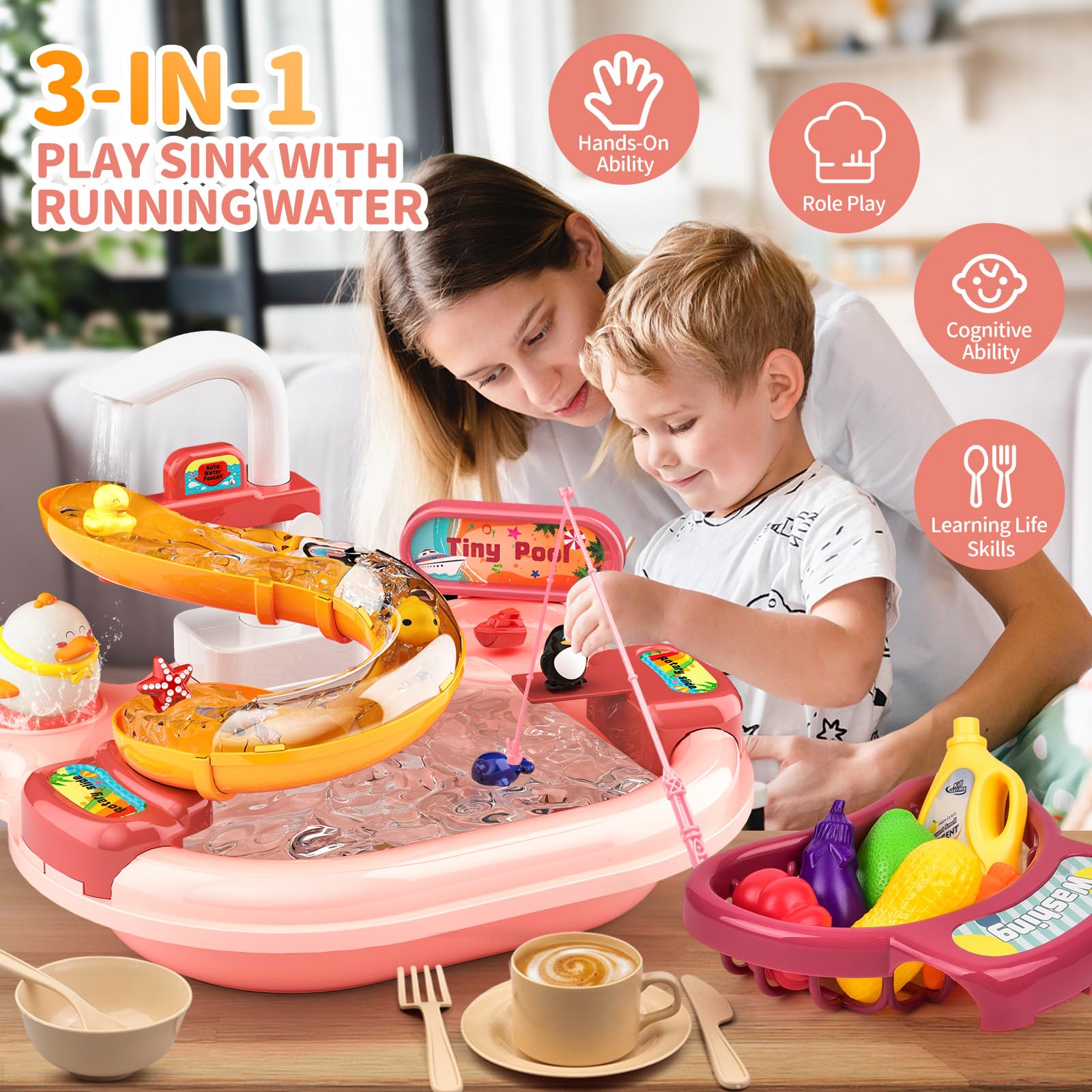 LEWANT Play Sink with Running Water, Kids Kitchen Sink & Fishing Playset with Electric Faucet, Toy Kitchen Accessories, Play Food, Pretend Role Playset for Toddler Girls Birthday Gifts